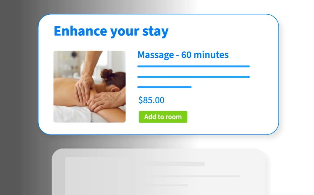 Upsell Portal illustration showing a promotional offer for a 60-minute massage priced at $85, with the option to “Add to room,” enhancing guest satisfaction and revenue.