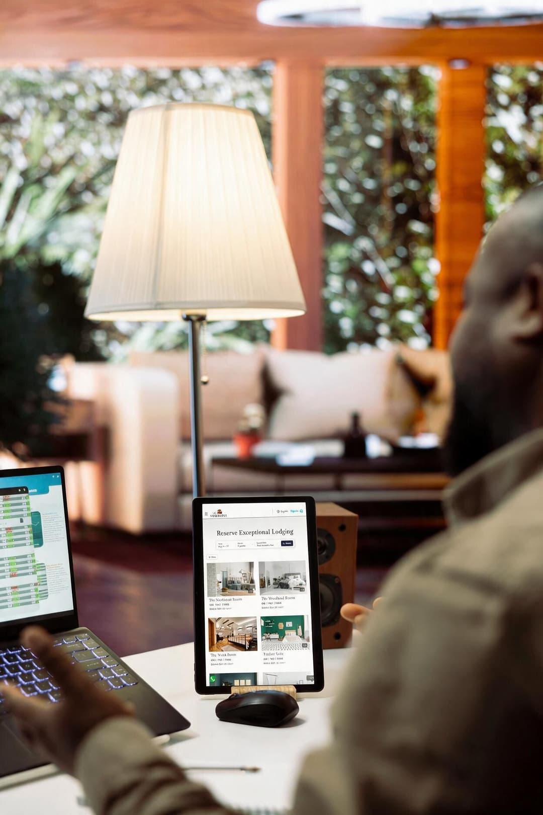 Hospitality professional checks his room pictures on his website. Image updated with AI