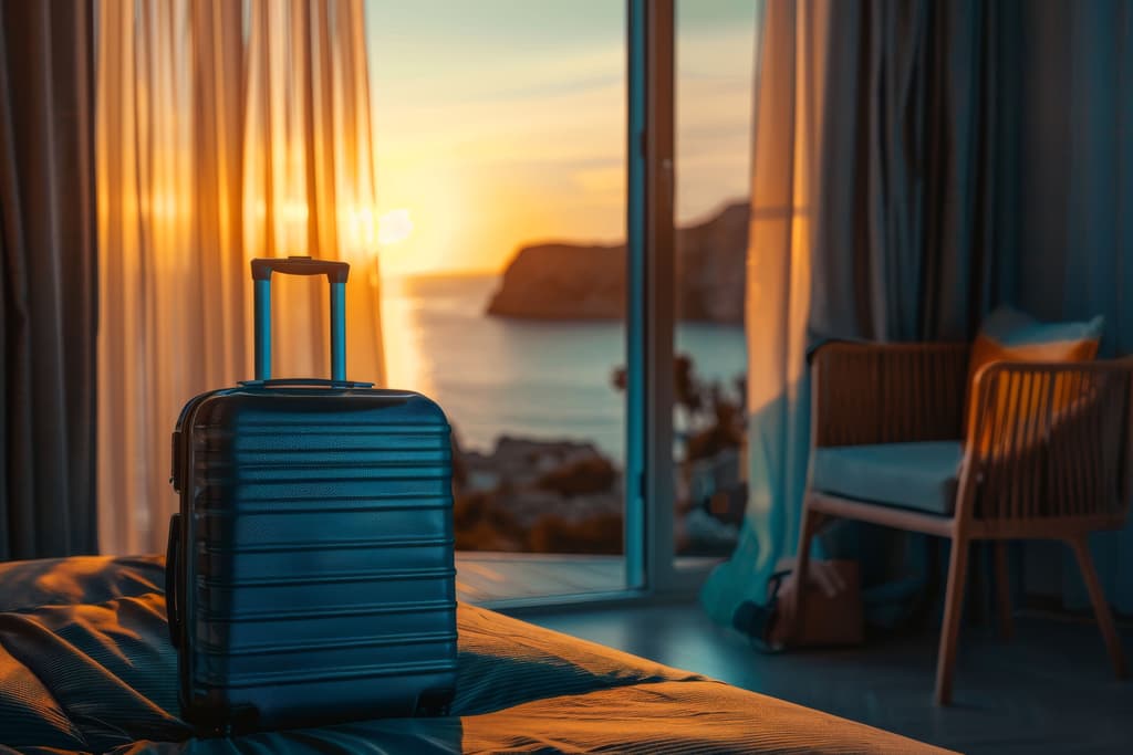 The image of a luggage sitting on top of a hotel bed with the backdrop of a seaside view from the hotel balcony