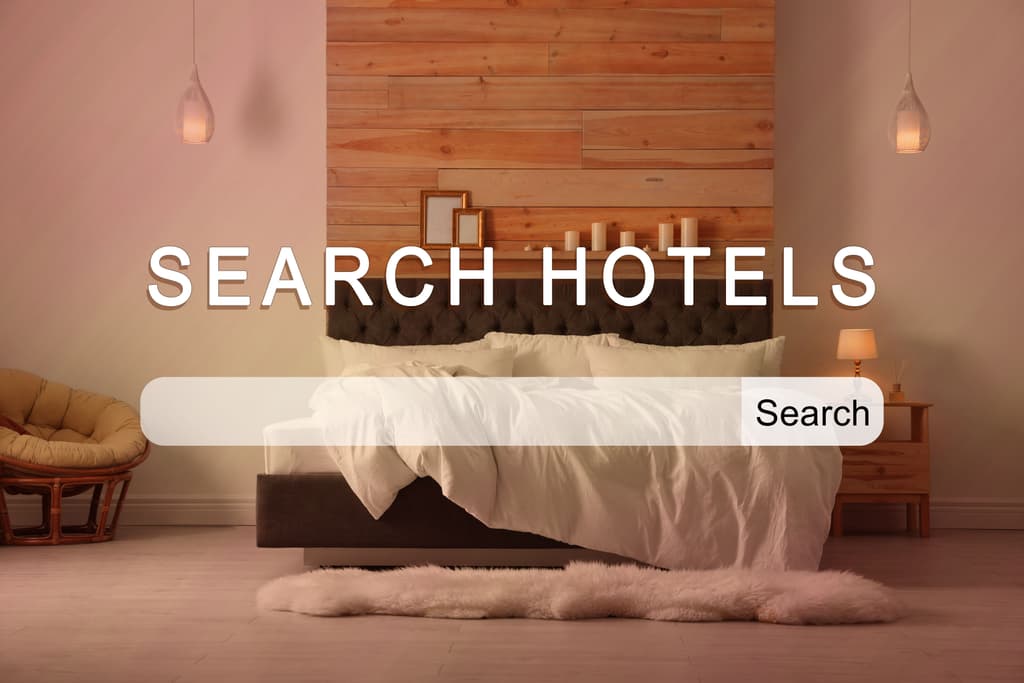 A representation of a search bar on top of the image of a hotel room bed