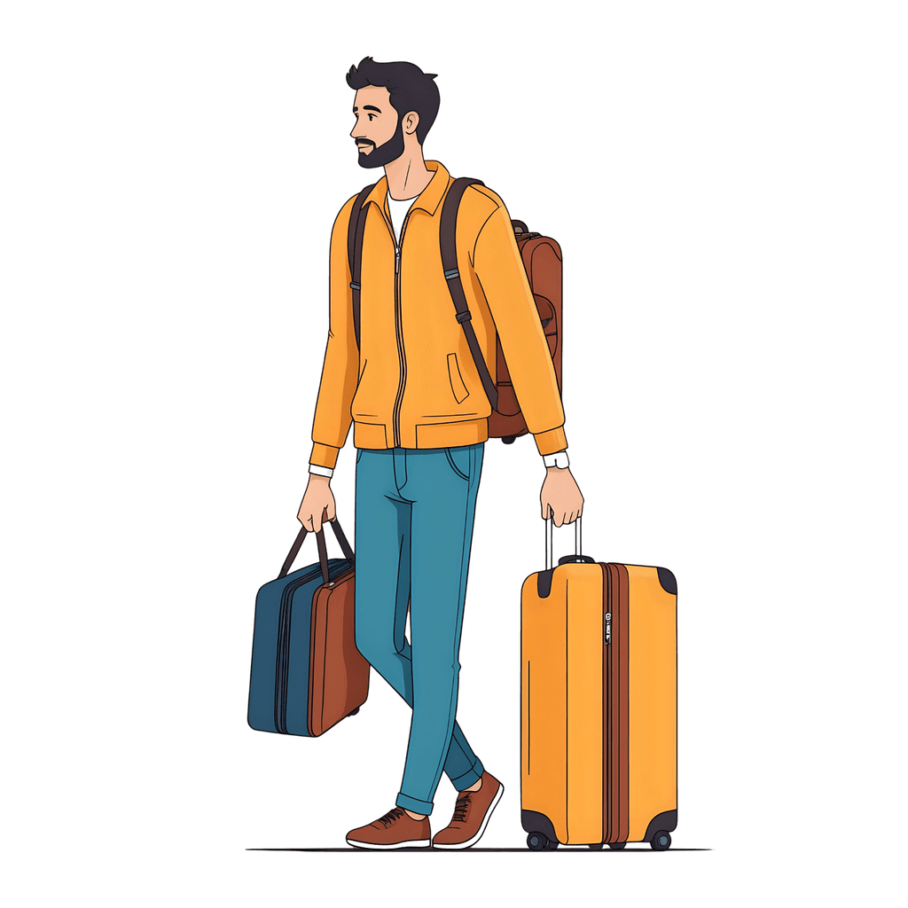 Illustration of a man walking around with his luggage, hand bag and backpack. Image by Mohamed Hassan from Pixabay