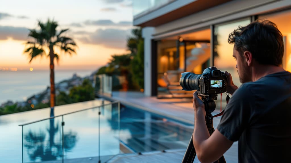 Photographer taking images of the sunset from a property