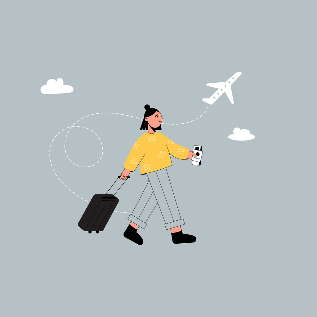 Illustration of a woman wearing a yellow shirt and walking while using her roller suitcase. Courtesy of Duckleap - Pixabay