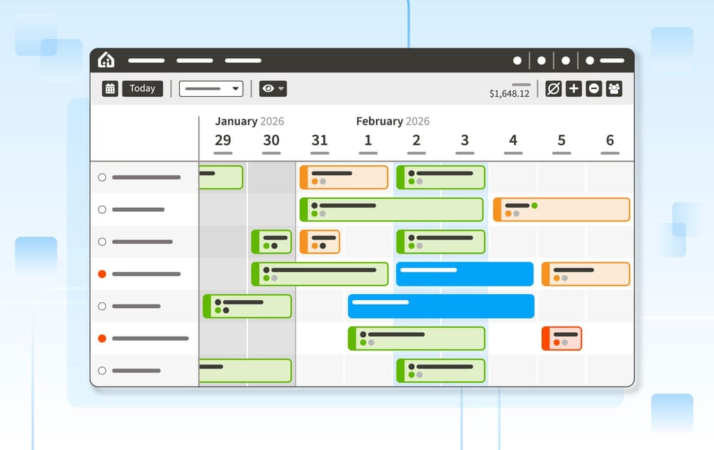 A UI illustration of a property management system (PMS) featuring a horizontal booking calendar with color-coded schedules and revenue data