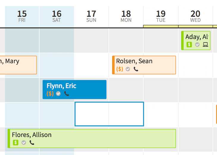 reservation calendar highlighting drag and drop feature displaying blue border indicating dates where reservation will be moved