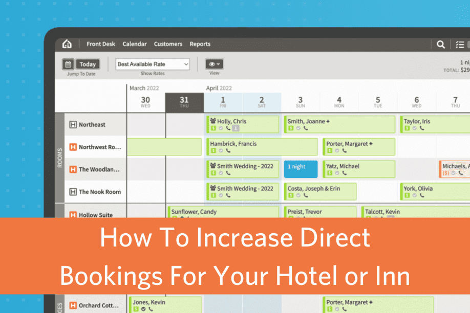 image of a computer screen with the ThinkReservations calendar with article title text overlay: How To Increase Direct Bookings For Your Hotel or Inn