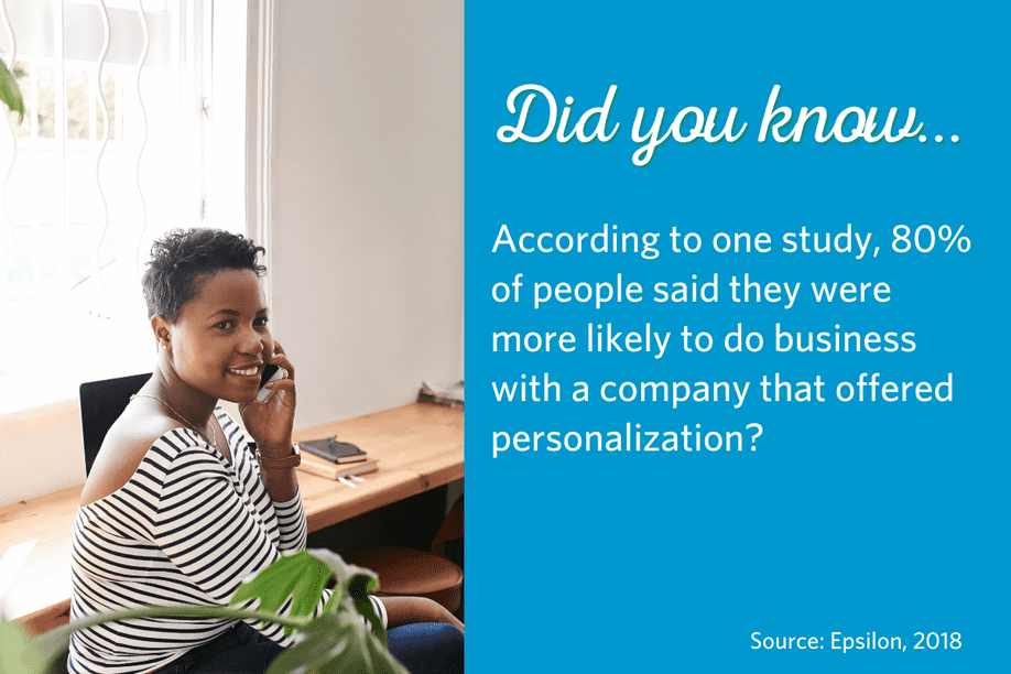 woman sitting at a table on a cell phone smiling with text Did you know? According to one study, 80% of people said they were more likely to do business with a company that offered personalization?