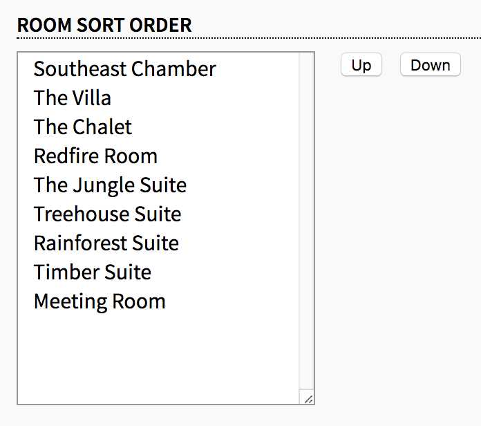 room sort order settings showing list of room names and with the up and down buttons