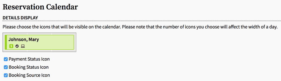 reservation calendar display settings page allowing business to choose status and source icons