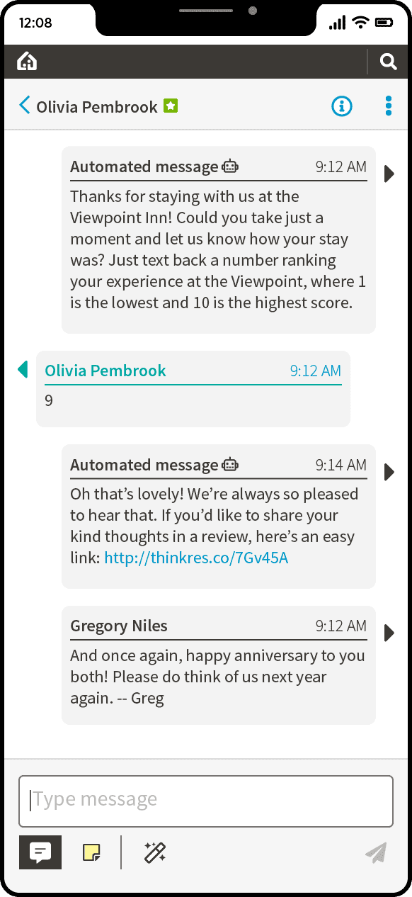 Displaying a conversation with the guest where we ask them to rate their stay.  The guest replies 9 and we send an autoamted message thanking them and asking for a review!