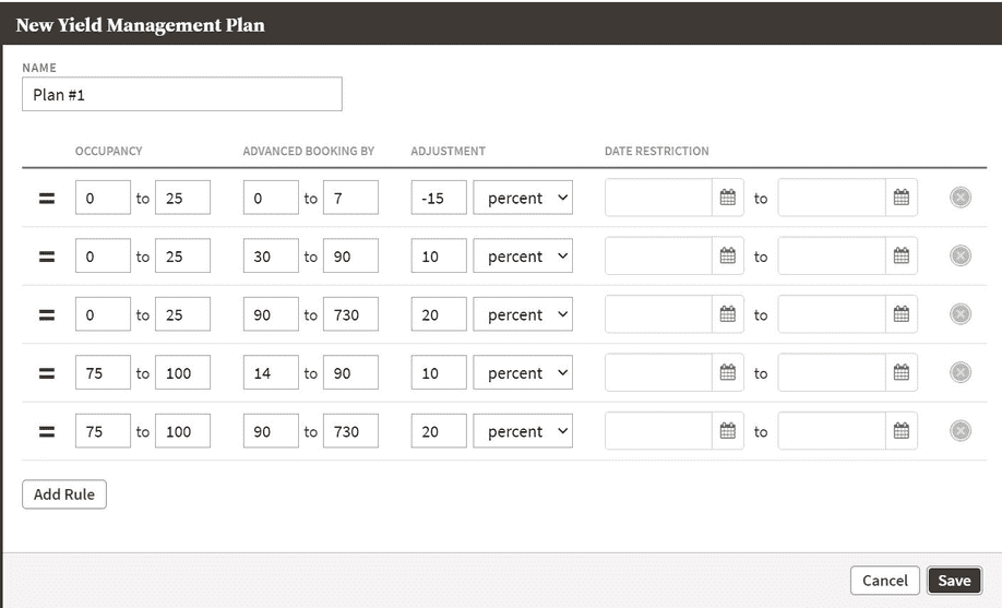 screenshot of yield management plans page