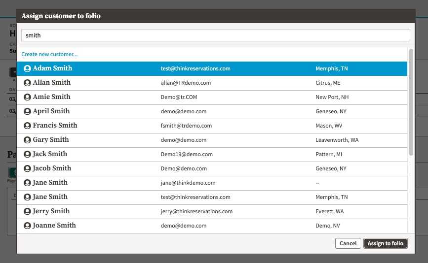 screenshot of modal with new customer search showing full list of matching customer names