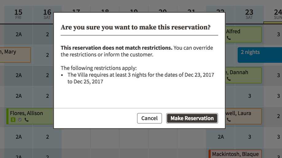 reservation calendar pop-up alerting user to confirm overriding minimum night restriction