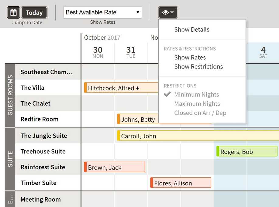 reservation calendar View drop-down menu