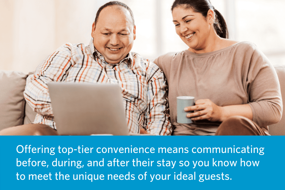 man and woman sitting on a couch looking at a laptop smiling with quote below: Offering top-tier convenience means communicating before, during, and after their stay so you know how to meet the unique needs of your ideal guests.