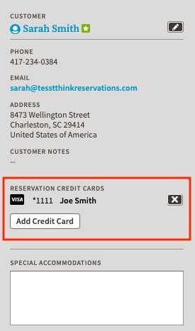 screenshot of new reservations page showing customer details along with retained credit card information