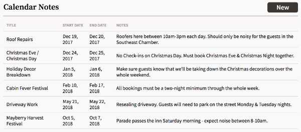 settings page for creating and viewing all calendar notes with table indicating title, start/end dates and notes