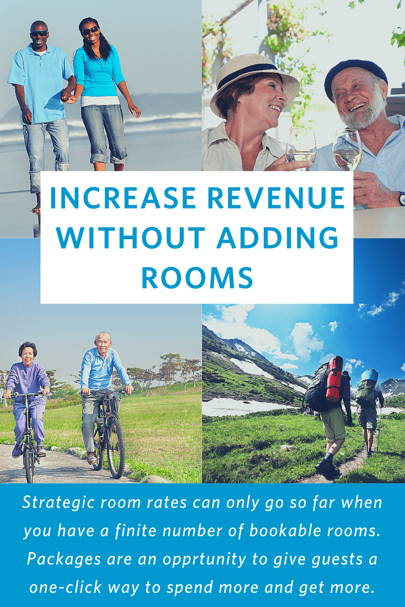 photos of people on a beach, wine tasting, riding bicycles, hiking in the mountains with text overlay: Increase revenue without adding rooms. Strategic room rates can only go so far when you have a finite number of bookable rooms. Packages are an opportunity to give guests a one-click way to spend more and get more.